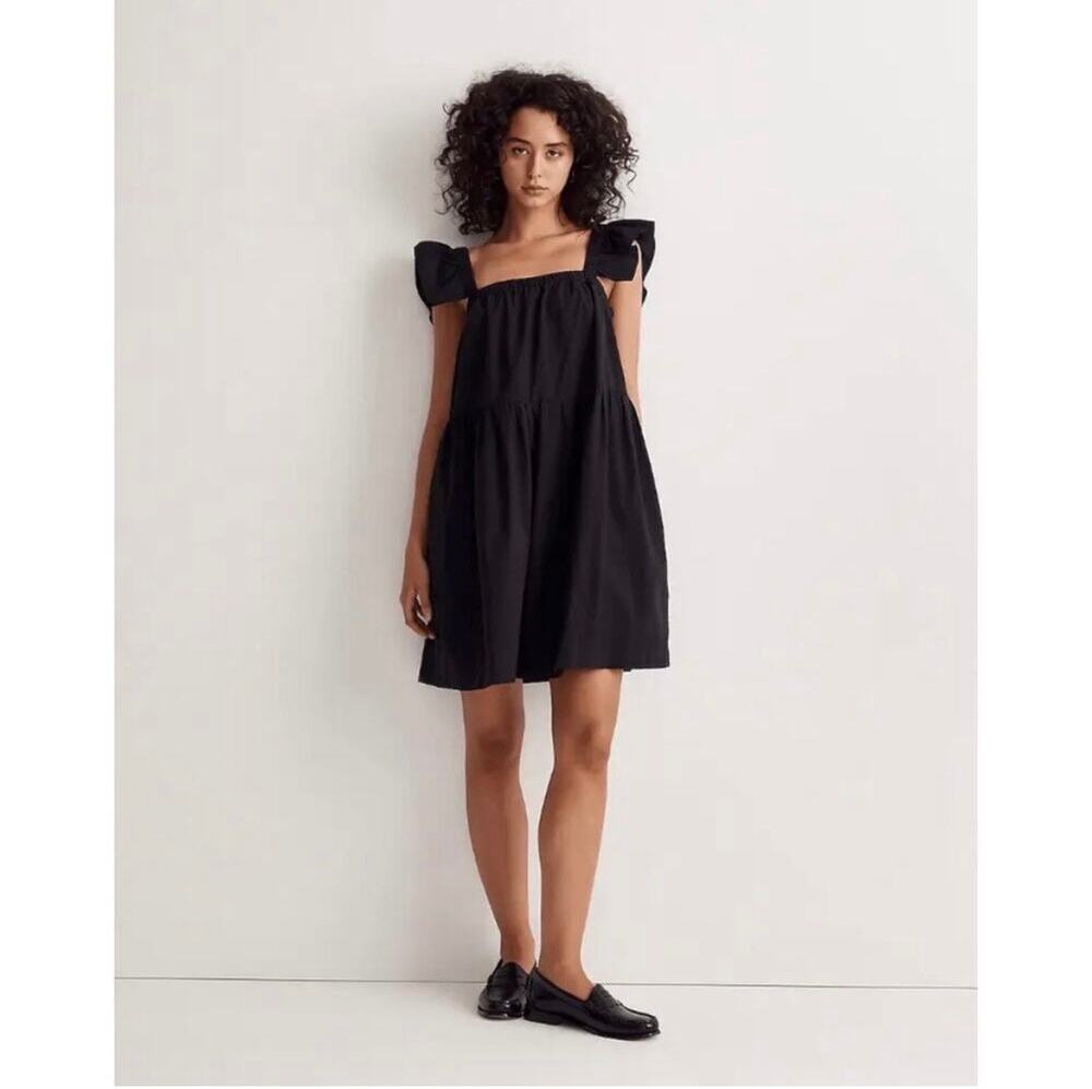 Madewell Marnay Black Flutter-Sleeve Square-Neck Mini Dress Size Medium